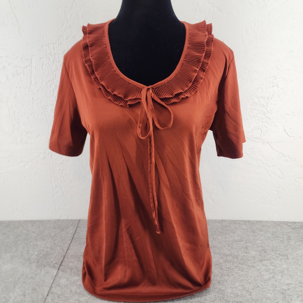 Gimbels Vintage Rust Orange Pleated Ruffle Collar Tie‎ Neck Blouse Womens 38